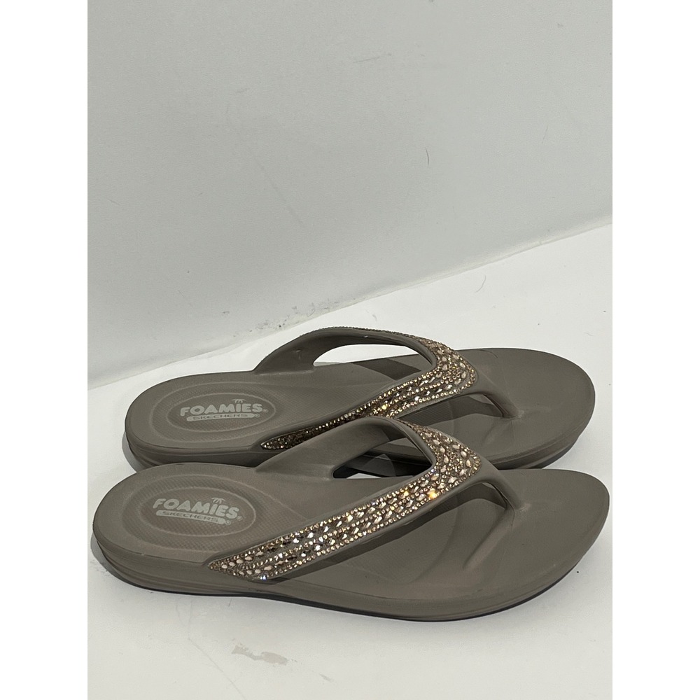 Skechers Foamies Women 7 Taupe Rhinestone Embellished Thong Sandals Flip Flops